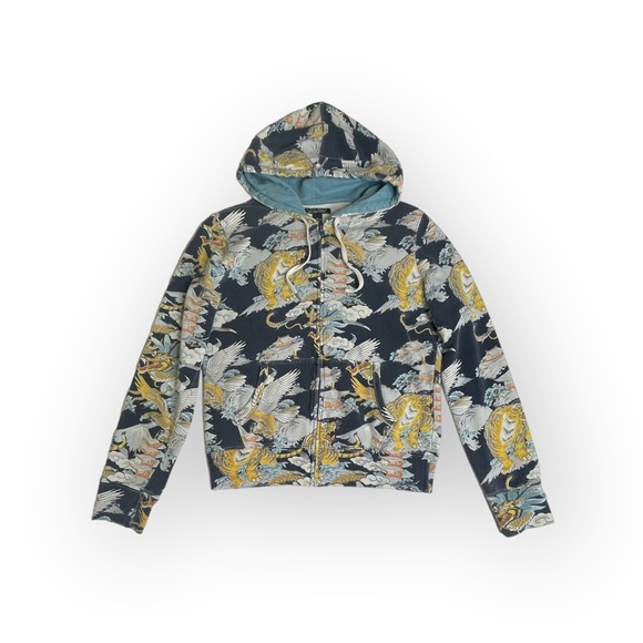 Y2K: Lucky Brand ✵ Asian Inspired Tiger Pagoda Print Zipper Hoodie Sweatshirt ✵M - Picture 4 of 16